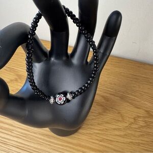 Glass Beaded Elastic Bracelet Black Millefiori Glass Coin Flower Carved Bicone